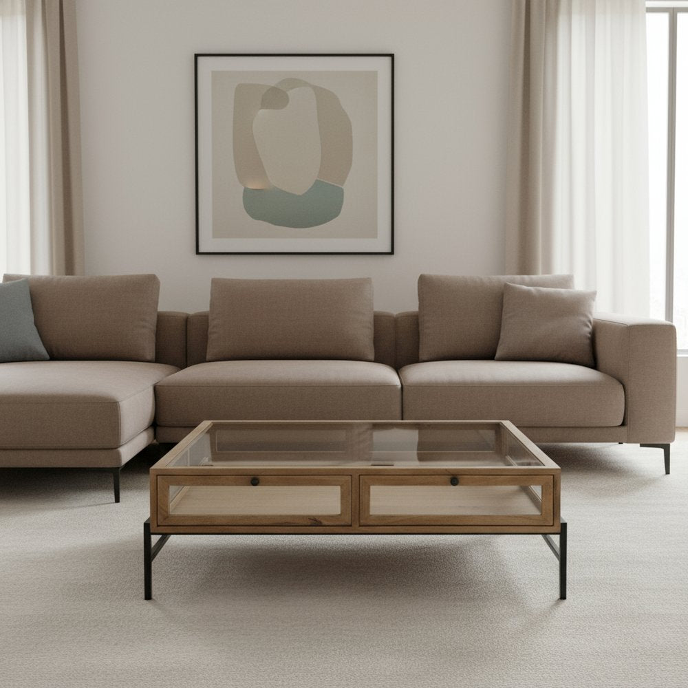 42" Clear and Black Glass and Metal Square Coffee Table With Two Drawers And Shelf