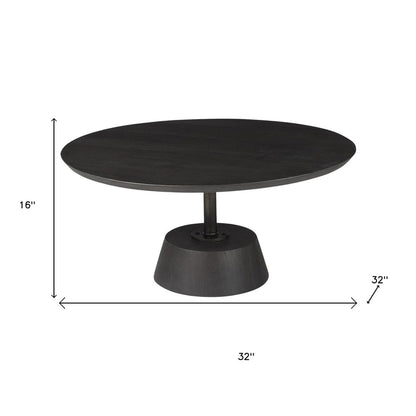 32" Dark Brown and Black Solid Wood and Iron Round Pedestal Coffee Table
