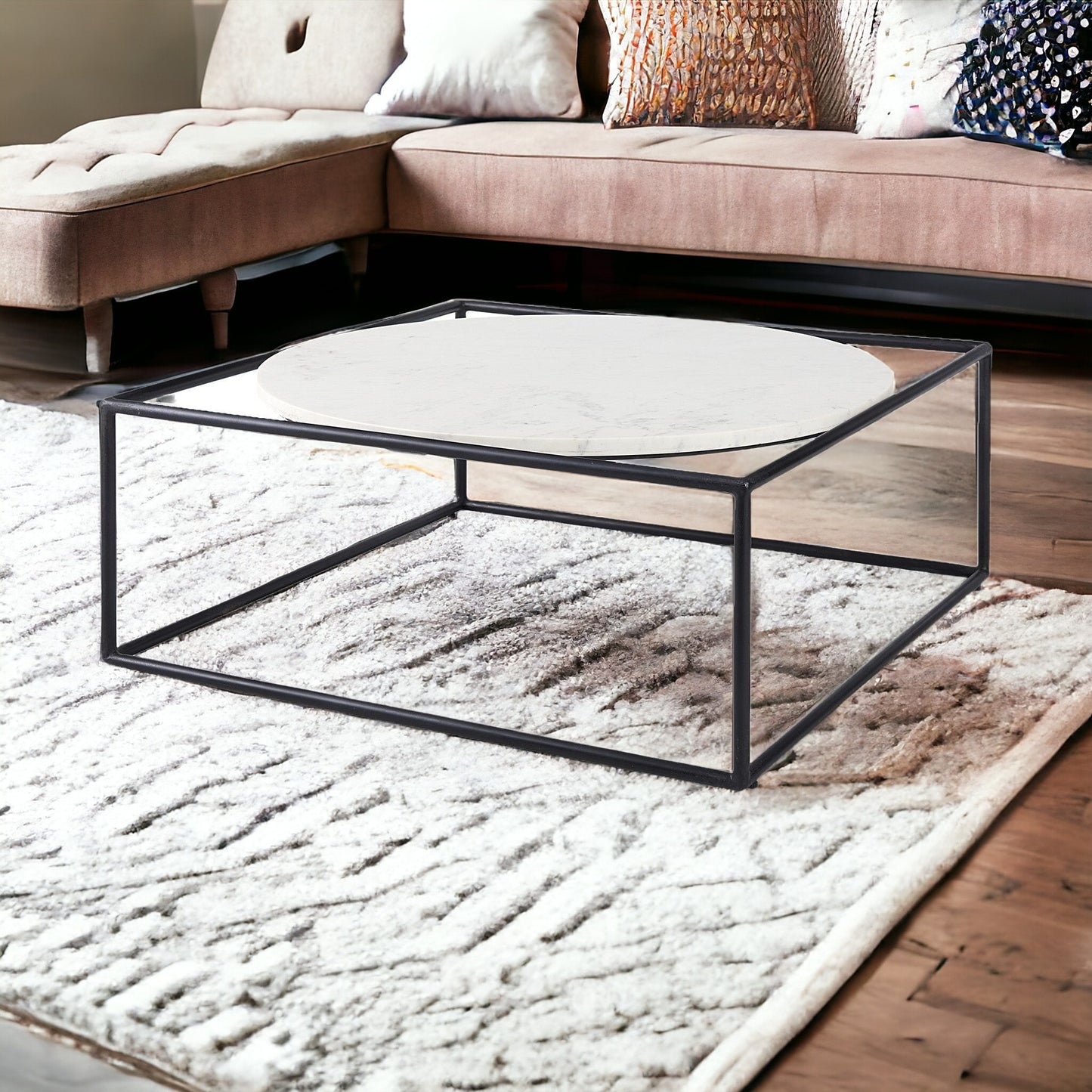 36" White And Black Genuine Marble And Metal Square Coffee Table