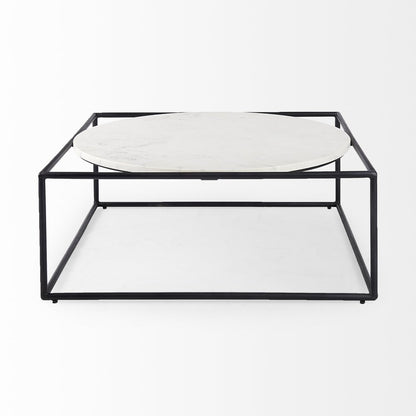 36" White and Black Genuine Marble and Metal Square Frame Coffee Table