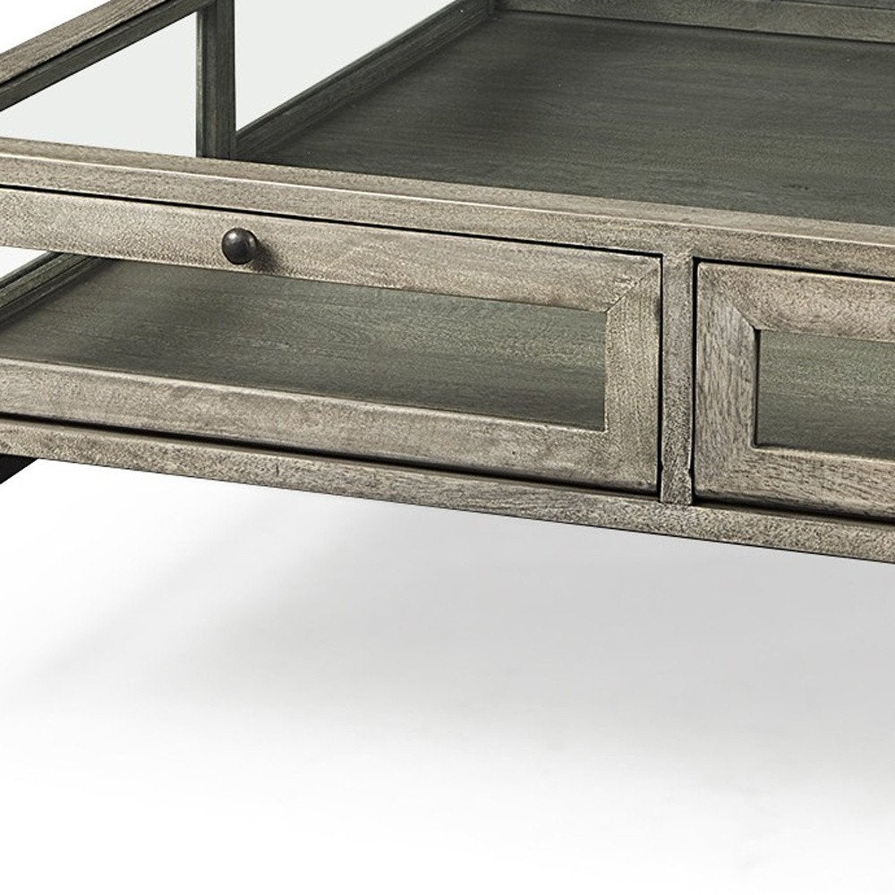 42" Gray and Black Glass and Metal Square Coffee Table With Shelf