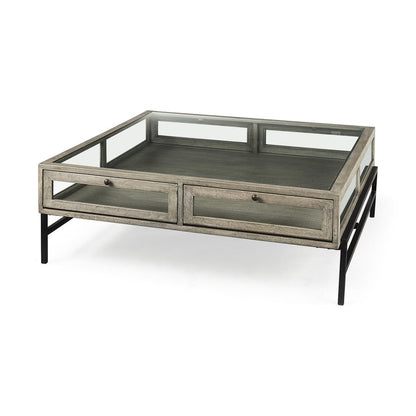 42" Gray and Black Glass and Metal Square Coffee Table With Shelf