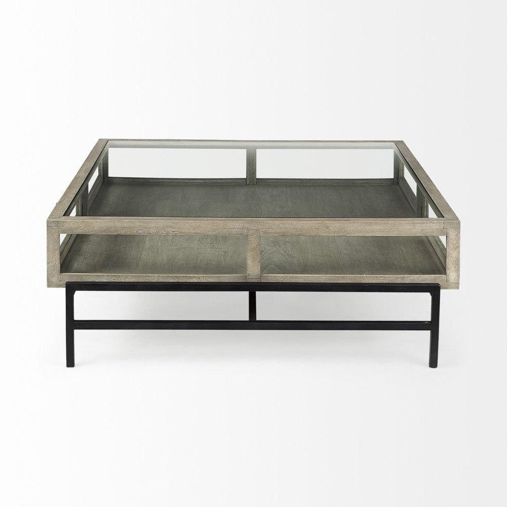 42" Gray and Black Glass and Metal Square Coffee Table With Shelf