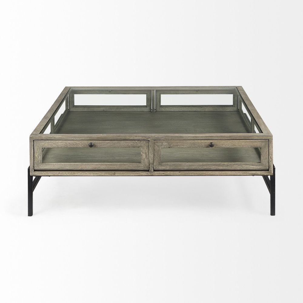42" Gray and Black Glass and Metal Square Coffee Table With Shelf