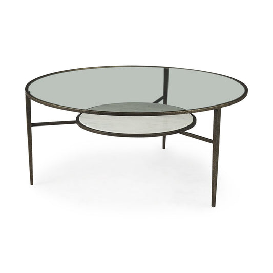 36" Clear and Bronze Glass and Metal Round Coffee Table With Shelf
