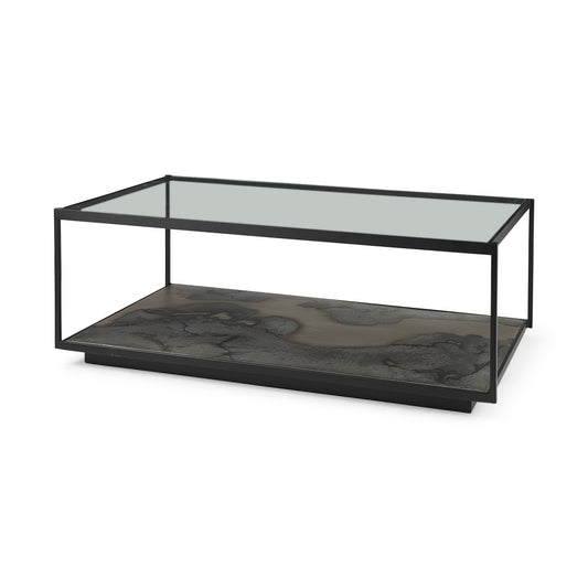 48" Clear And Black Glass Coffee Table With Shelf