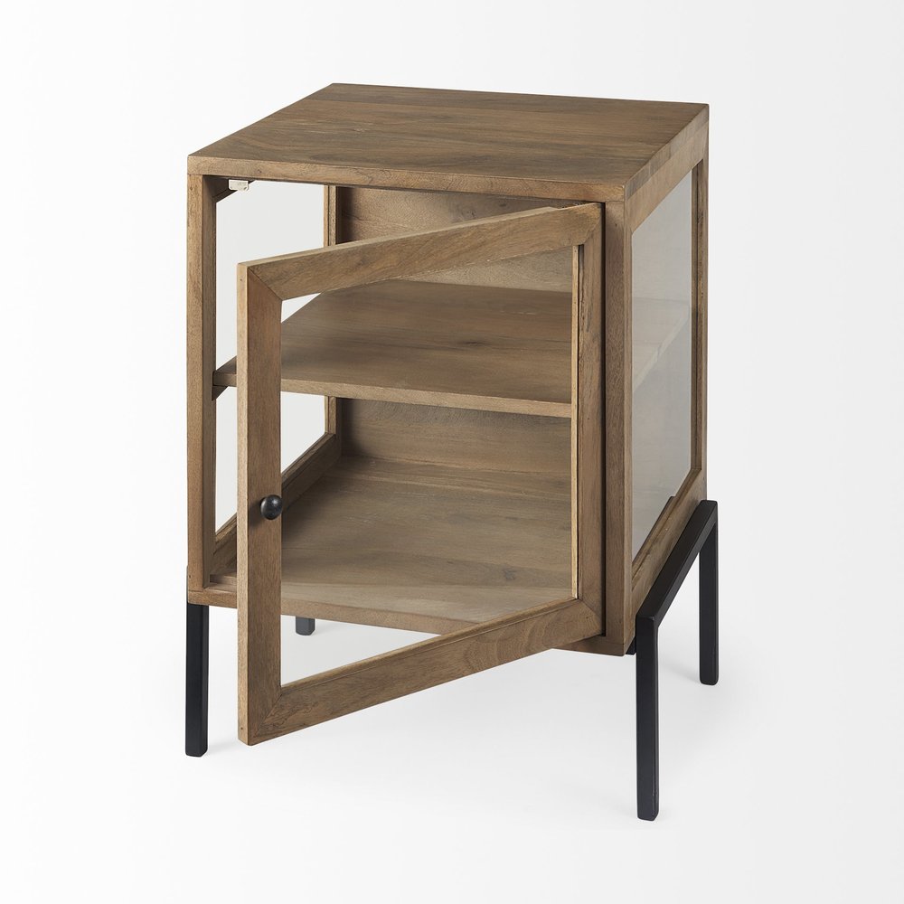 20" Natural And Black Solid Wood And Iron Display Cabinet With Single Door
