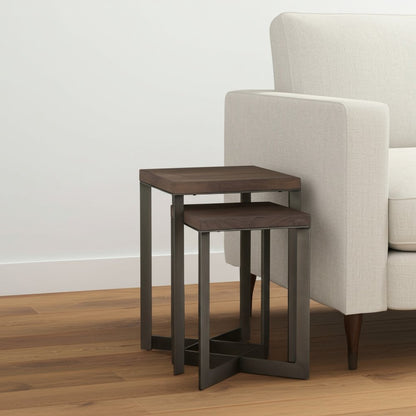 Set of Two Brown Solid Wood and Metal Square Cross Legs Nested Tables