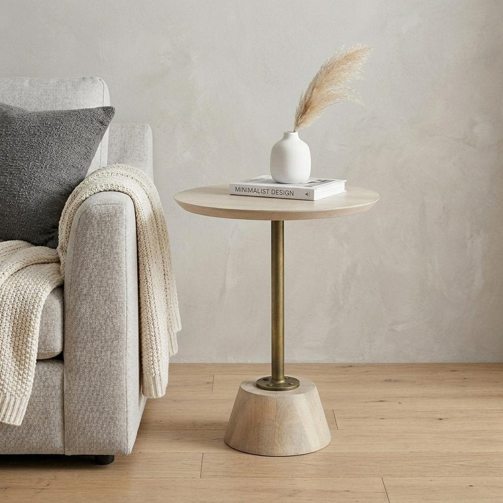 24" Beige Solid and Manufactured Wood Round End Table