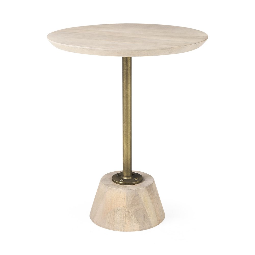 24" Natural And Gold Solid Wood And Iron Round Pedestal End Table