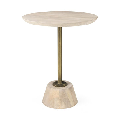 24" Natural And Gold Solid Wood And Iron Round Pedestal End Table