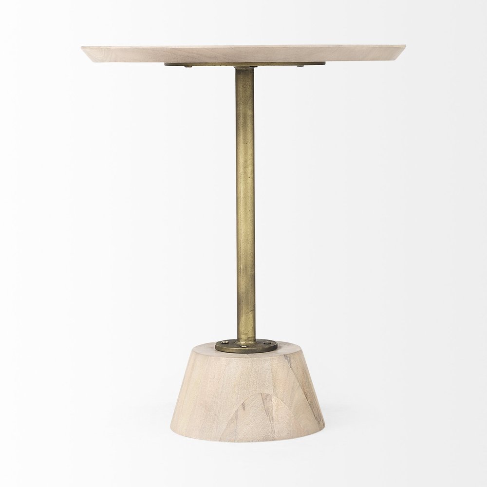 24" Natural And Gold Solid Wood And Iron Round Pedestal End Table