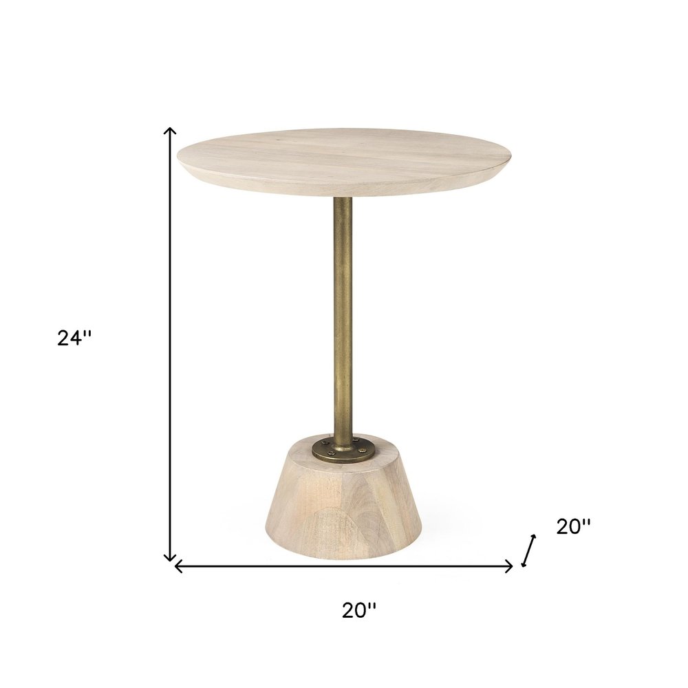24" Natural And Gold Solid Wood And Iron Round Pedestal End Table