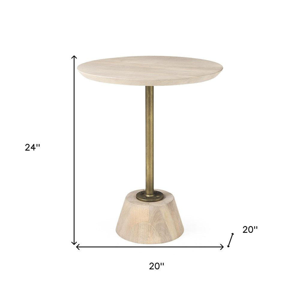 24" Natural And Gold Solid Wood And Iron Round Pedestal End Table