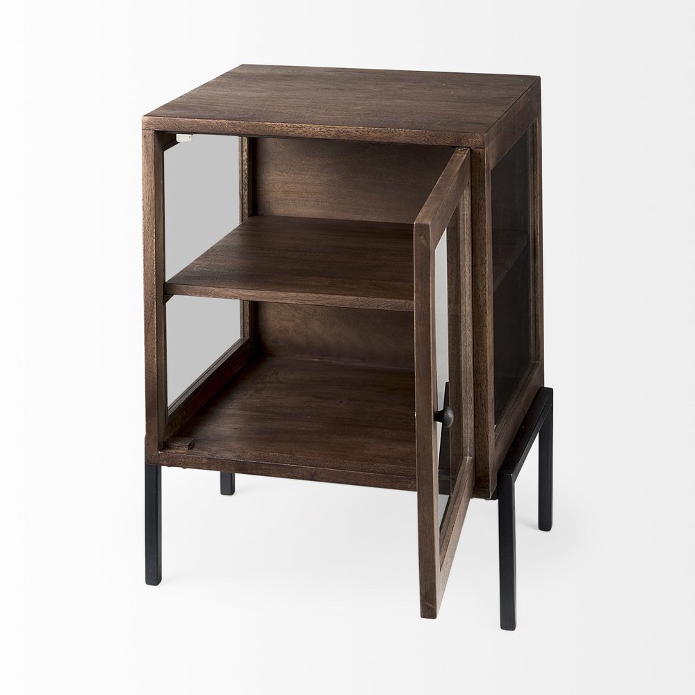 20" Dark Brown And Black Solid Wood And Iron Display Cabinet With Single Door