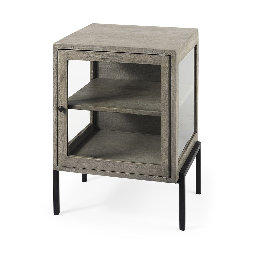 20" Dark Gray And Black Solid Wood And Iron Display Cabinet With Single Door