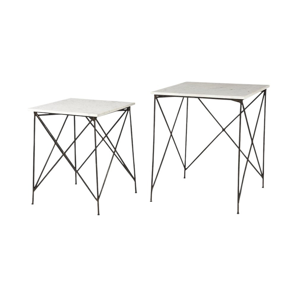 Set of Two White and Black Marble and Metal Square Nested Tables