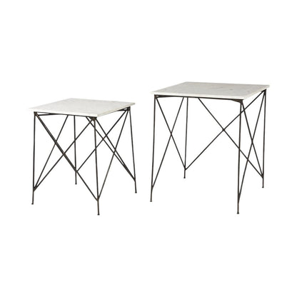 Set of Two White and Black Marble and Metal Square Nested Tables