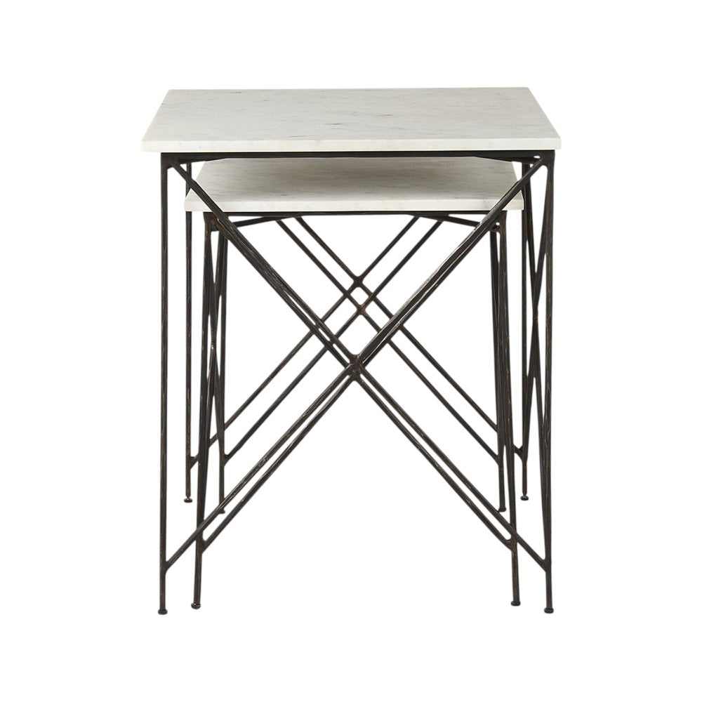 Set of Two White and Black Marble and Metal Square Nested Tables