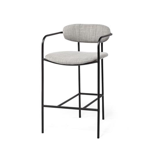 27" Gray And Black Upholstered And Metal Counter Height Bar Chair