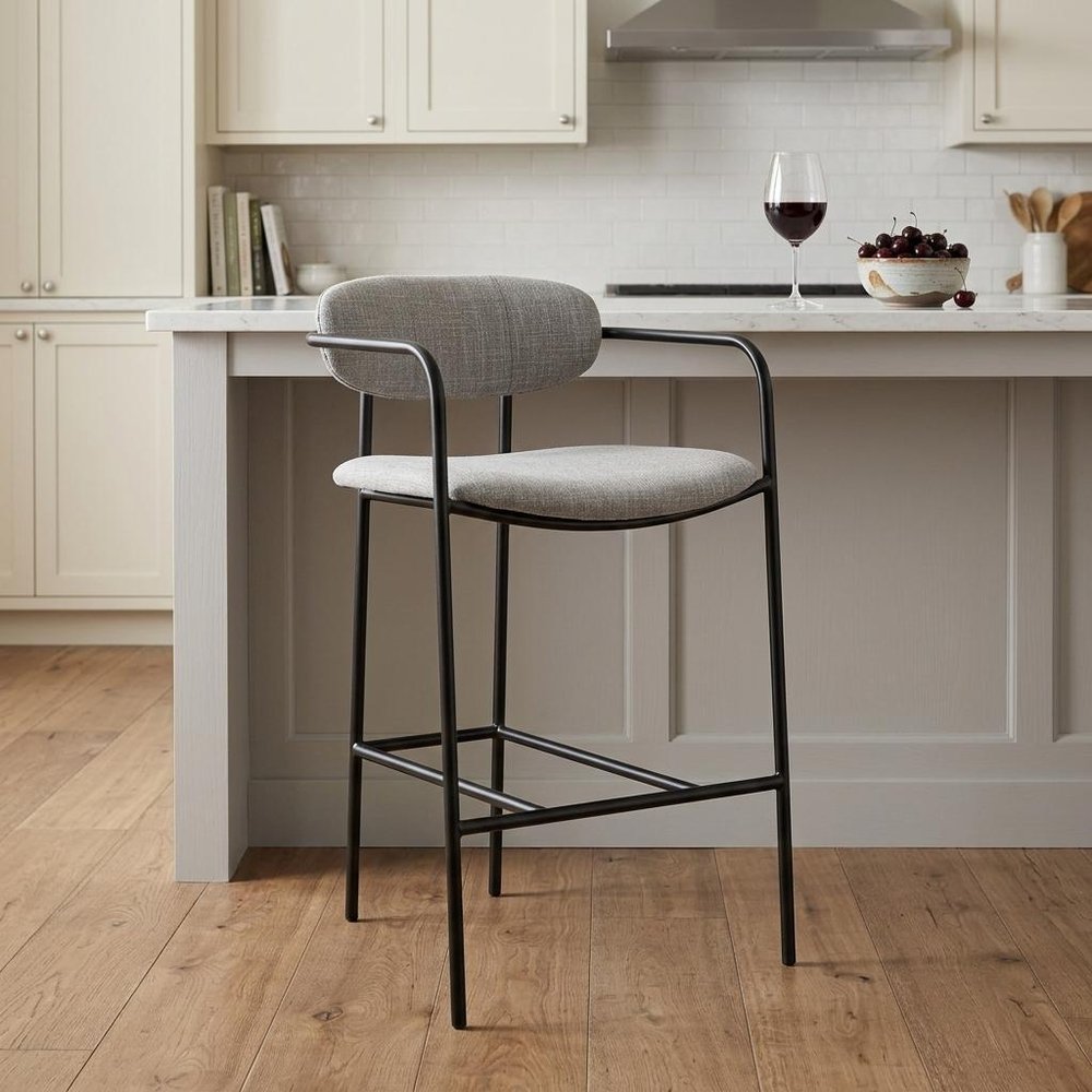 27" Gray And Black Upholstered And Metal Counter Height Bar Chair