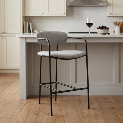 27" Gray And Black Fabric And Metal Counter Height Bar Chair