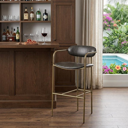 30" Brown And Gold Faux Leather And Steel Bar Height Bar Chair