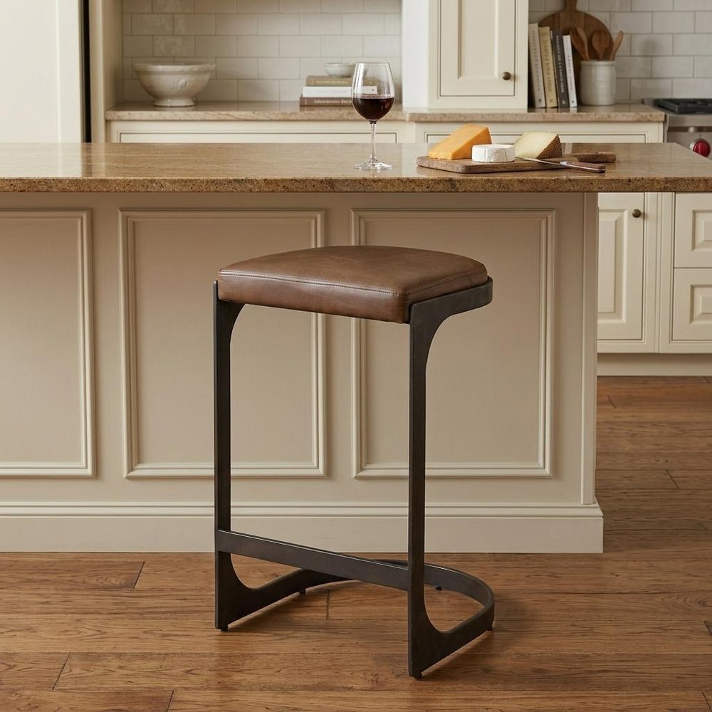 29" Black Leather and Metal Backless Bar Chair