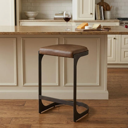 29" Black Leather and Metal Backless Bar Chair