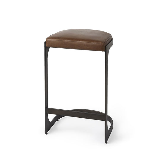 29" Brown And Black Leather And Genuine Leather And Metal Backless Counter Height Bar Chair