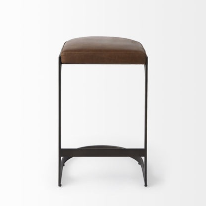 29" Brown And Black Leather And Genuine Leather And Metal Backless Counter Height Bar Chair