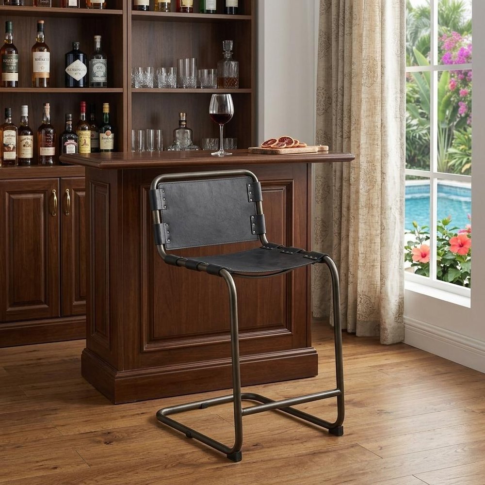 29" Black Leather And Iron Bar Chair