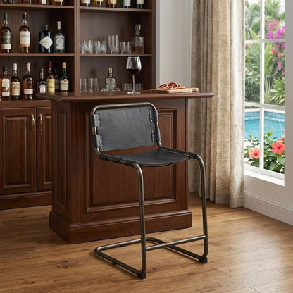 29" Black Leather And Iron Bar Chair