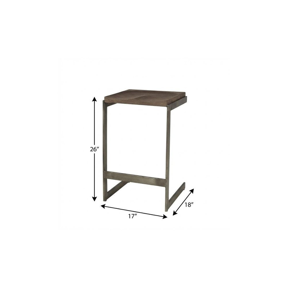 26" Wood Brown And Brown Solid Wood And Metal Backless Counter Height Bar Chair