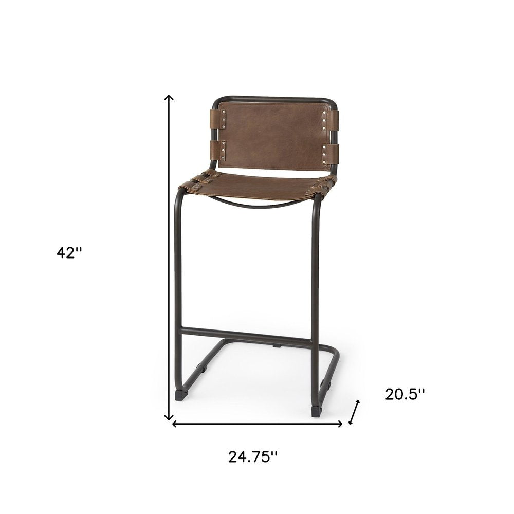 35" Brown And Black Leather And Metal Bar Height Bar Chair
