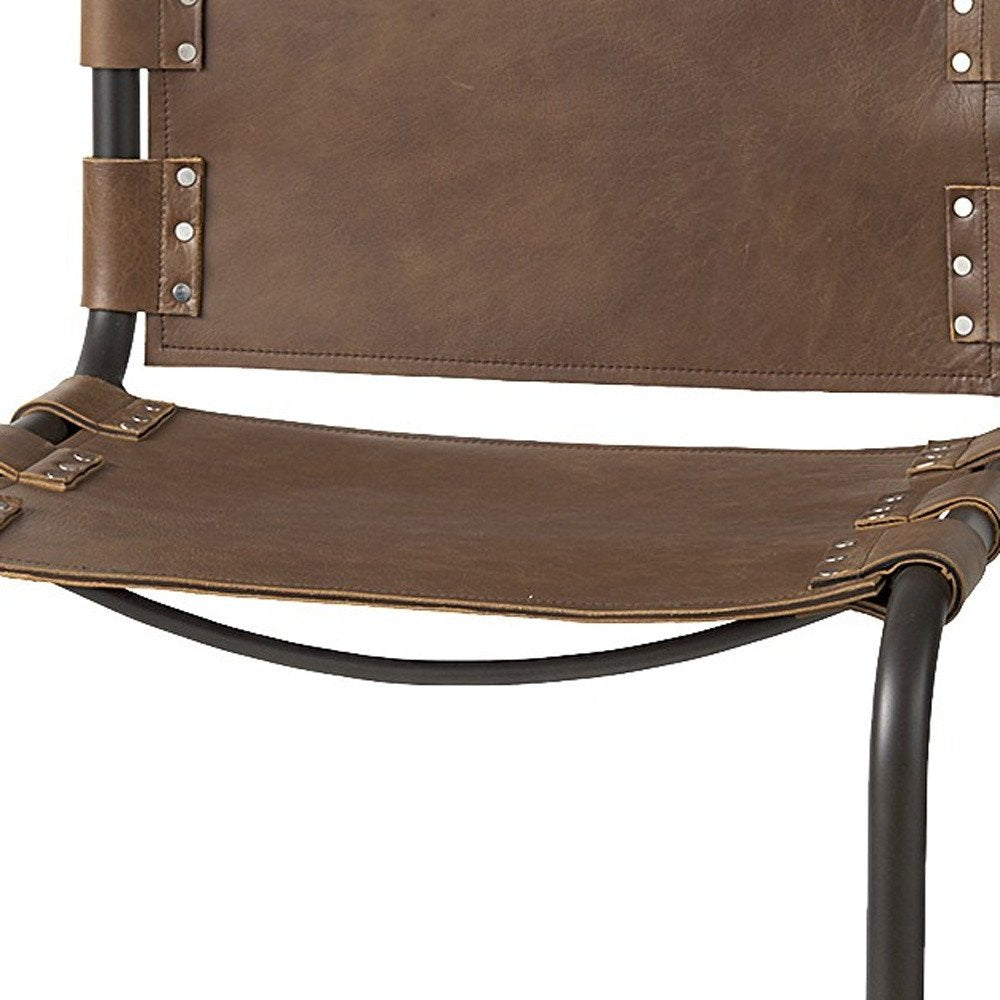 35" Brown And Black Leather And Metal Bar Height Bar Chair