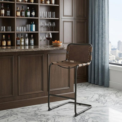 35" Brown and Black Leather and Metal Bar Chair