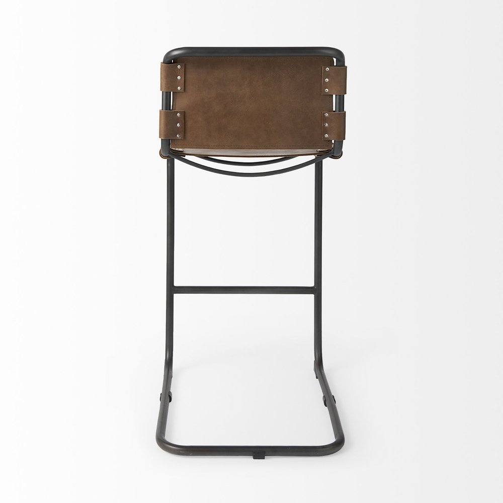 35" Brown And Black Leather And Metal Bar Height Bar Chair