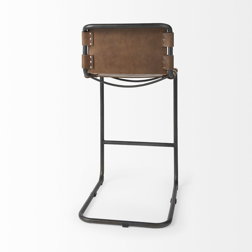 35" Brown And Black Leather And Metal Bar Height Bar Chair