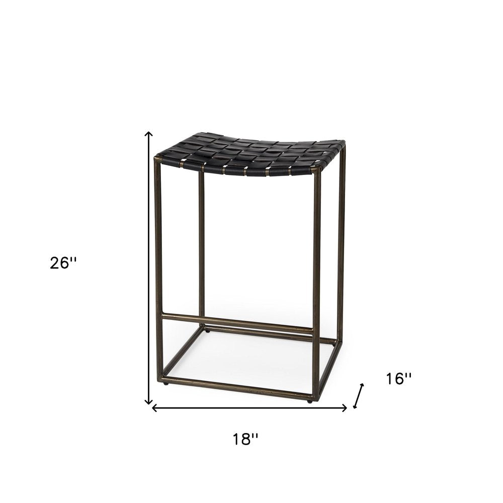 29" Black And Bronze Leather And Metal Backless Counter Height Bar Chair