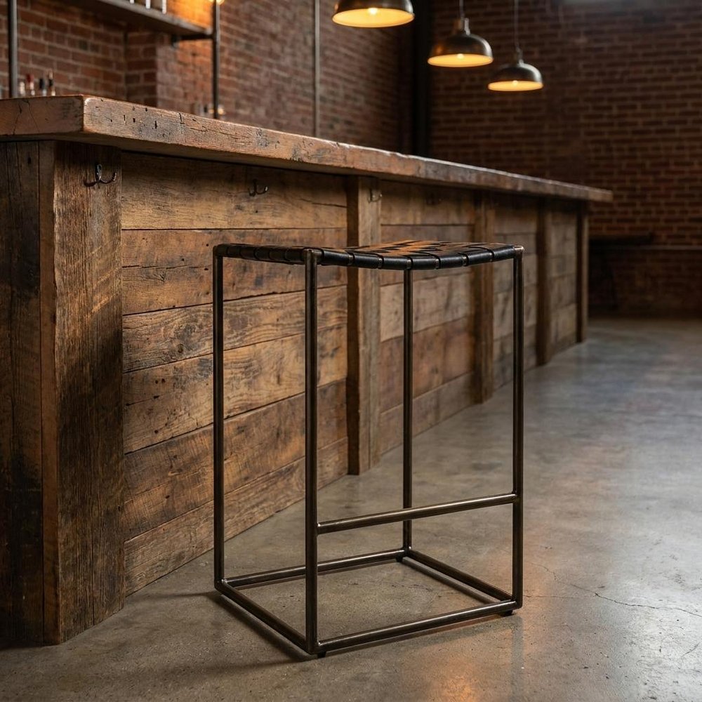 29" Black And Bronze Leather And Metal Backless Counter Height Bar Chair
