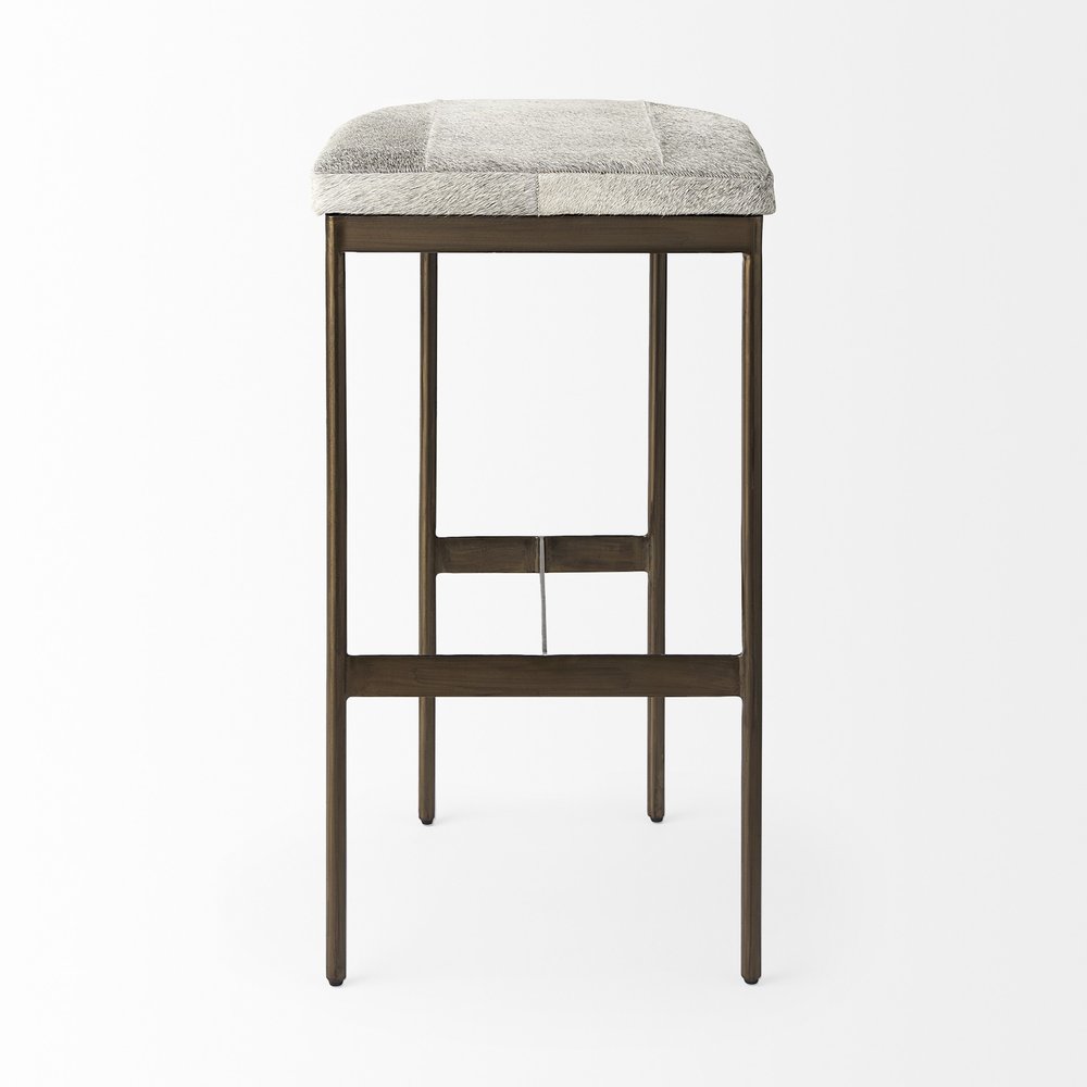35" Gray And Gold Leather And Hair on Hide Leather And Metal Backless Counter Height Bar Chair