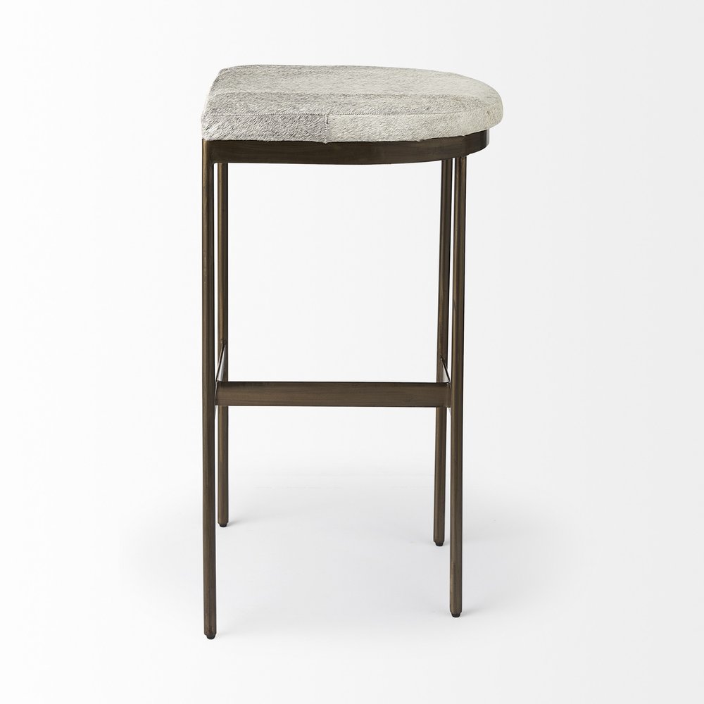 35" Gray And Gold Leather And Hair on Hide Leather And Metal Backless Counter Height Bar Chair