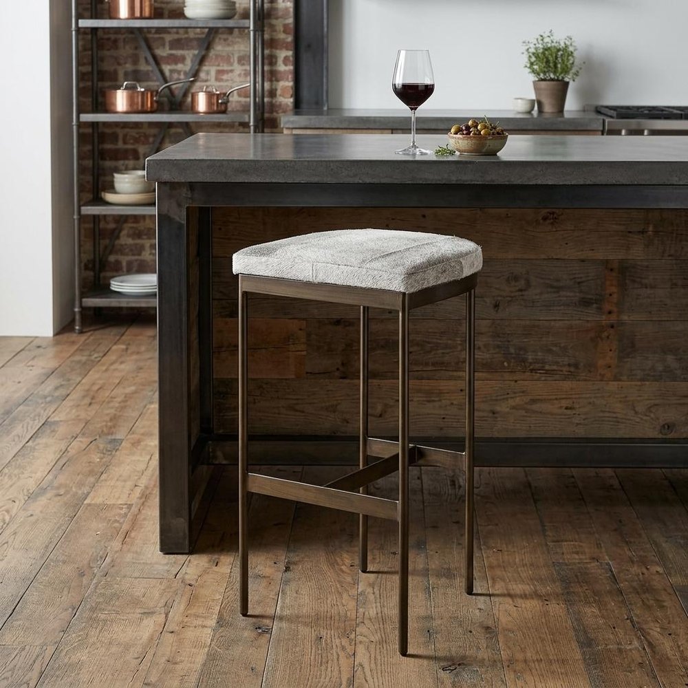 35" Gray and Gold Leather and Metal Backless Counter Height Bar Chair