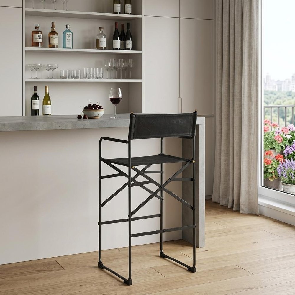 30" Black Leather And Metal Bar Height Bar Chair