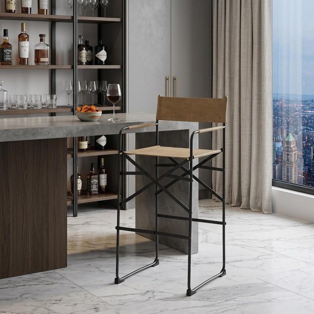 35" Brown And Black Leather And Iron Bar Chair