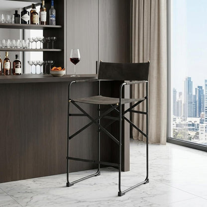 26" Brown And Black Leather And Metal Bar Chair