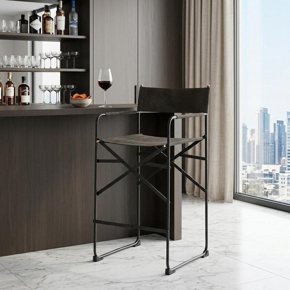 26" Brown And Black Leather And Metal Bar Chair