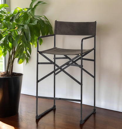 26" Brown And Black Leather And Metal Bar Chair