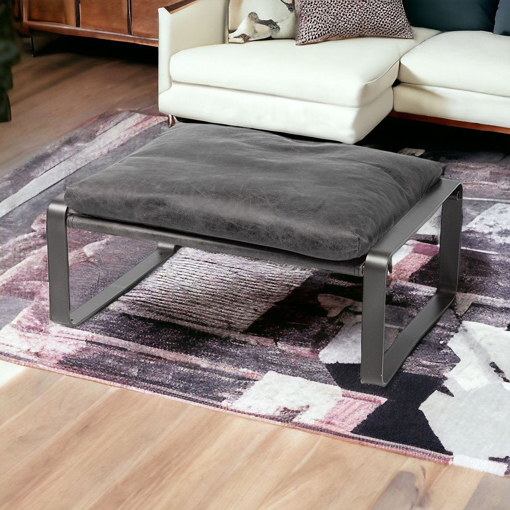 27" Black Genuine Leather Ottoman